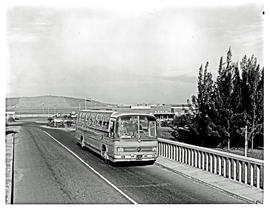 Durban, 1970. Louis Botha airport. SAR Mercedes Benztour bus leaving.