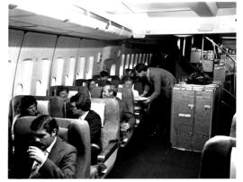
SAA Boeing 747 interior. Cabin service. Steward.
