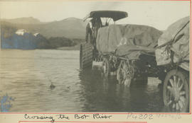 Bot River district. SAR Thornycroft tractor with general goods on three trailers crossing the Bot...