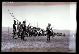 Zululand, 1922. Zulu warriors doing war dance.