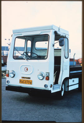 Durban, 1981. Small electrical truck in Durban Harbour.