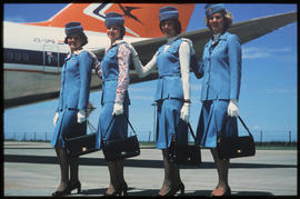 SAA stewardesses. Hostesses next to Boeing 747SP ZS-SPB.