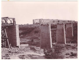 Circa 1900. Anglo-Boer War. Valsch River high level bridge with final span launched halfway.