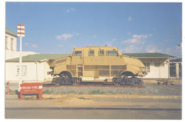 Windhoek, Namibia. Side view of armoured trolley SAS R810494 plinthed at railway station. (P Botha)