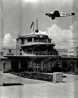 Johannesburg, 1938. Rand Airport. Close up shot of control tower with SAA Junkers ZS-AFD 'Sir Ben...