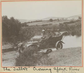 Hermanus district. SAR Talbot car crossing the Afdak River, Frank Dutton at the wheel.