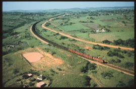 Richards Bay district, November 1979. Aerial view of coal train approaching. [D Dannhauser]