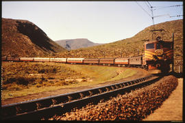 De Doorns district. SAR Class 4E on train 202up 'Trans-Karoo Express' near Osplaas in the Hex Riv...