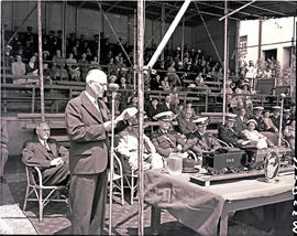 Pretoria, December 1952. Presentation to medals to railway police parade, Mr Heckroodt speaking.