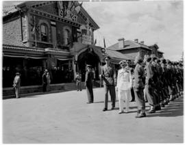 Bloemfontein, 7 March 1947. Royal party leaving decorated railway station.