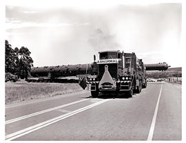 Richards Bay district, 1978. Abnormal load on trailer No MT23019 hauled by three International Pa...