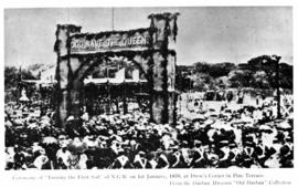 Durban, January 1876. Turning of the first sod of the Durban to Pietermaritzburg line by Sir Henr...