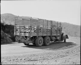 Zululand. SAR Mack three-axle truck turning a corner on gravel road.