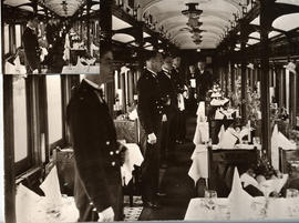 SAR dining car type A-22 No 158 showing staff standing to attention on derparture and arrival of ...