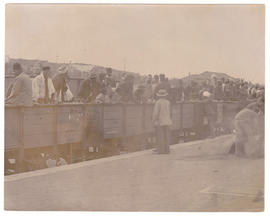 Circa 1900. Anglo-Boer War. Train wagons with burghers.