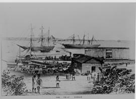 Durban, 1860. Sketch of Durban harbour at the Point with two sailing vessels.