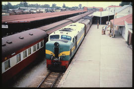 Mafeking. Rhodesian Railways Class DE2 on passenger train pulling into Mafeking station.