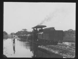 Naboomspruit, 1925. Dutton roadrail tractor with goods trucks with water alongside the line to Si...
