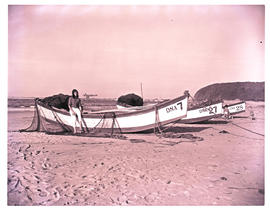 Durban, 1964. Fishing boats in the surf at Addington beach.