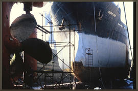Cape Town, 1987. 'Raleighs Cross' in Table Bay Harbour dry dock.