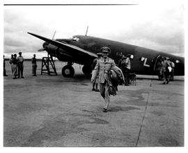 Pretoria, December 1942. Swartkop Airport. Arrival of Mr CH Hoffe. Lockheed Lodestar.