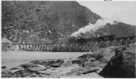 Wilderness, circa 1926. Kaaimans River bridge construction: First test train with test load of 20...