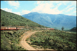 De Doorns district, 1977. Trans-Karoo passenger train entering Hex River Valley.