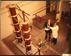 Johannesburg, January 1976. Two men in high voltage test room. [D Dannhauser]