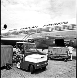 Durban, 1970. Louis Botha airport. SAA Boeing 727 ZS-SBA 'Tugela' unloading freight.