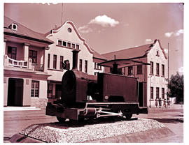 Windhoek, South-West Africa, 1952. Narrow gauge 2-4-2T 'Hope' plinthed at railway station. This w...