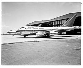 Johannesburg, 1976. Jan Smuts airport. SAA Boeing 747SP ZS-SPB 'Outeniqua' and ZS-SPA 'Matroosber...