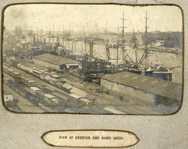 East London, circa 1900. View of Buffalo Harbour, goods sheds and railway lines.