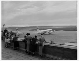 5 November 1957. Departure of SAA Douglas DC-7B ZS-DKD 'Drommedaris' leaving on goodwill flight t...