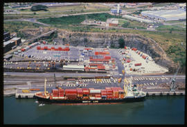East London, March 1986. Aerial view of Buffalo Harbour container terminal. [T Robberts]