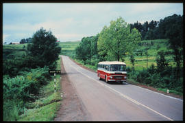 Sabie district, 1970. SAR Leyland Royal Tiger tour bus on the road.