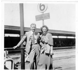 Victoria Falls, Rhodesia. Unidentified couple at railway station.