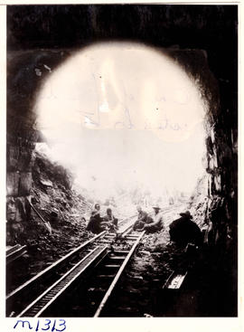 Waterval-Boven, circa 1893. Workers fixing the rackrail at the western end of the tunnel.
