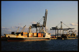 Durban, July 1986. Container ship in Durban Harbour. [Z Crafford]