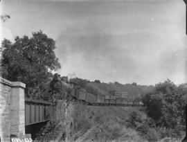 SAR Class 14A early Hendrie engine with narrow cab, on goods train approaching small bridge in op...