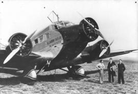 Johannesburg, 1934.Rand Airport. SAA Junkers Ju 52 ZS-AFA 'Jan van Riebeeck' with three persons.