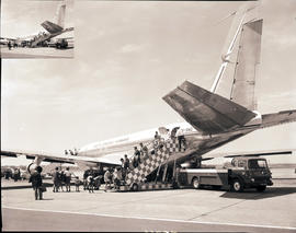 Johannesburg, 1970. Jan Smuts airport. SAA Boeing 707 ZS-SAG 'Durban'. Passengers boarding at rea...