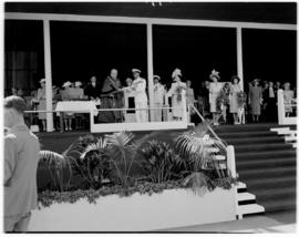 Durban, 22 March 1947. Royal family and dignitaries on dais. Receiving address from the mayor.
