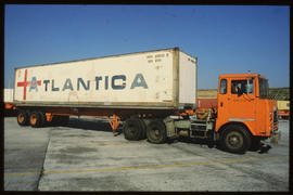 Johannesburg, 1986. Truck with container at Kaserne. Atlantica container.