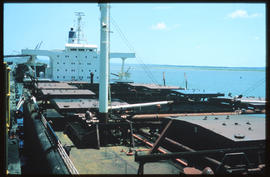 Richards Bay, November 1979. Ship at Richards Bay Harbour coal terminal. [De Waal Louw]