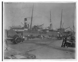 Durban, circa 1901. Ship in harbour, with steam tractor in the foreground. (Durban Harbour album ...
