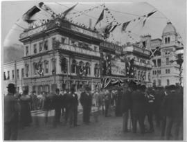 Cape Town, 22 June 1897. Decorated station building for Queen Victoria's diamond jubilee.