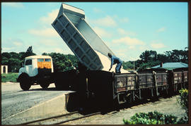 Port Elizabeth. Salt in bulk tipped into railway wagon at Swartkops.