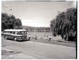 "Johannesburg, 1965. SAR Leyland Royal Tiger MT16308 motor coach at Emmarentia dam."