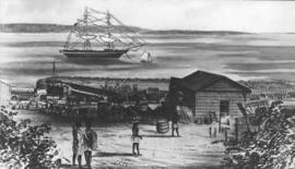 Durban. Sketch of the first railway station at the Point. Durban Harbour.