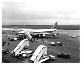 Johannesburg, 1971. Jan Smuts airport. SAA Boeing 747 ZS-SAN 'Lebombo'. Note spare engine on 5th ...